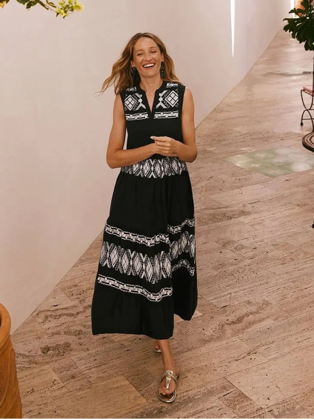 Chico’s Black Embroidered Linen Tiered Maxi Dress Size 1/8 Bohemian